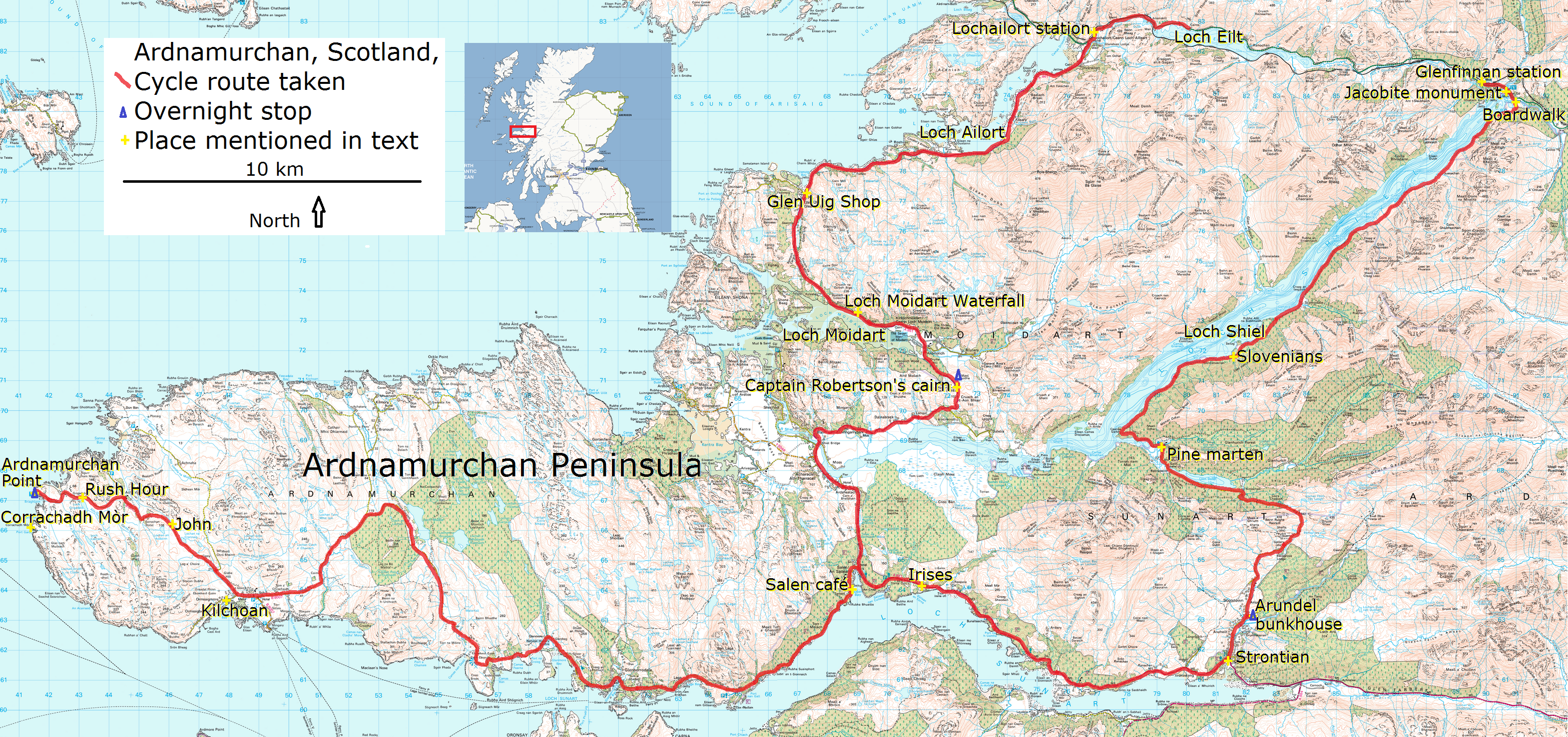 Ardnamurchan Peninsula showing route and places mention by Steve Kidd, July 2015